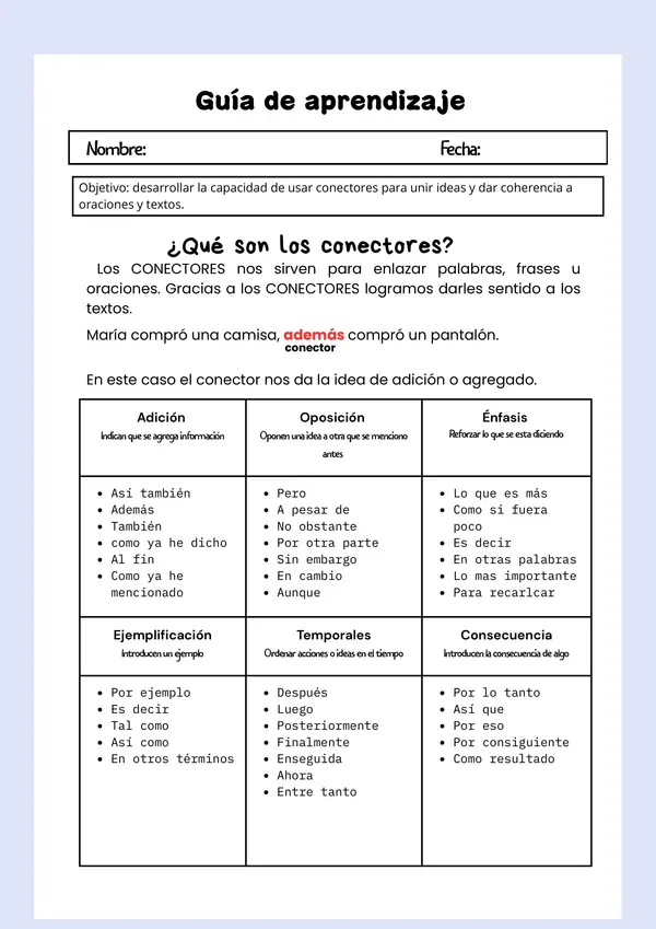 Guía de Lenguaje: Uso de conectores