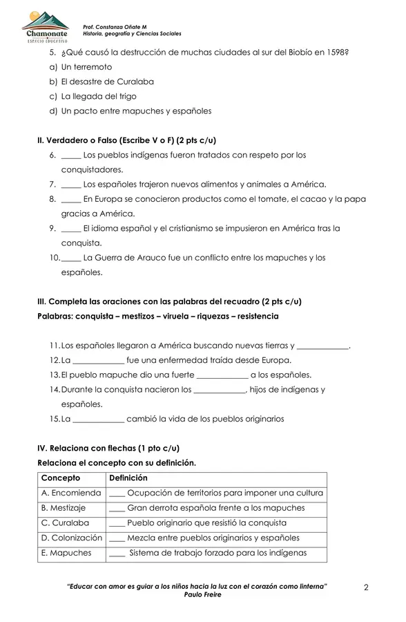 Evaluación: “La conquista de América y Chile: consecuencias, dificultades y cambios culturales”