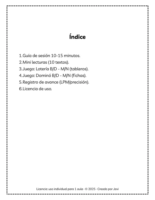 2° básico | Fluidez B/D–M/N | 10 mini-lecturas + juegos + registro (sesiones 10–15’)