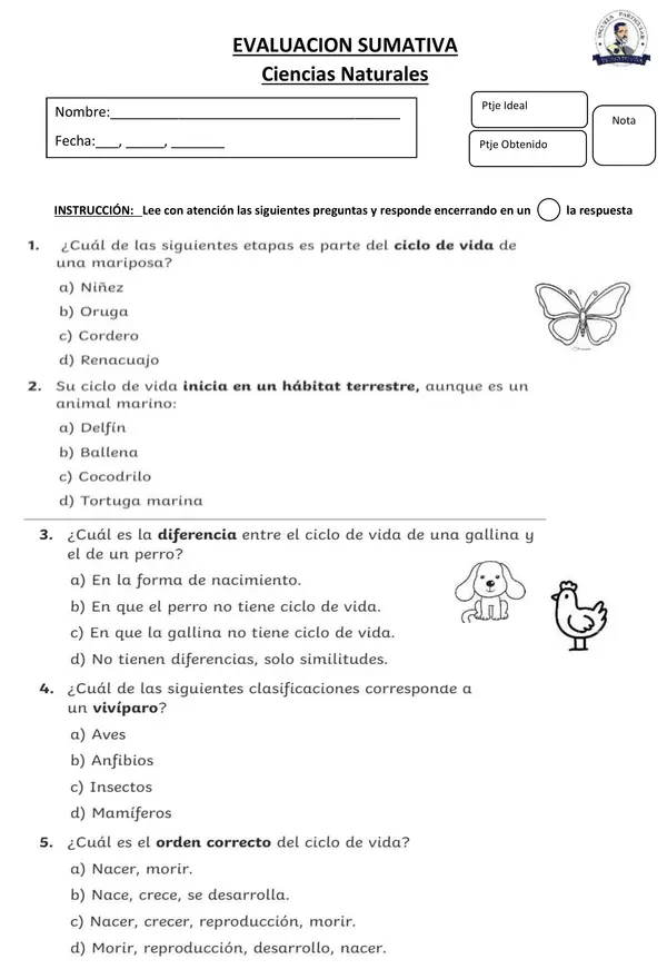 EVALUACION SUMATIVA ANIMALES  PARTE 1 
