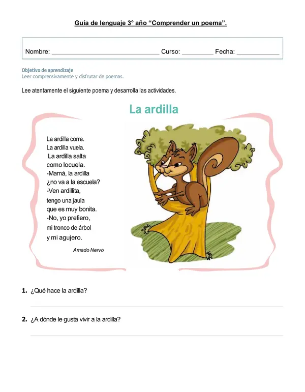 Guía de lenguaje 3°año "Comprender poema"