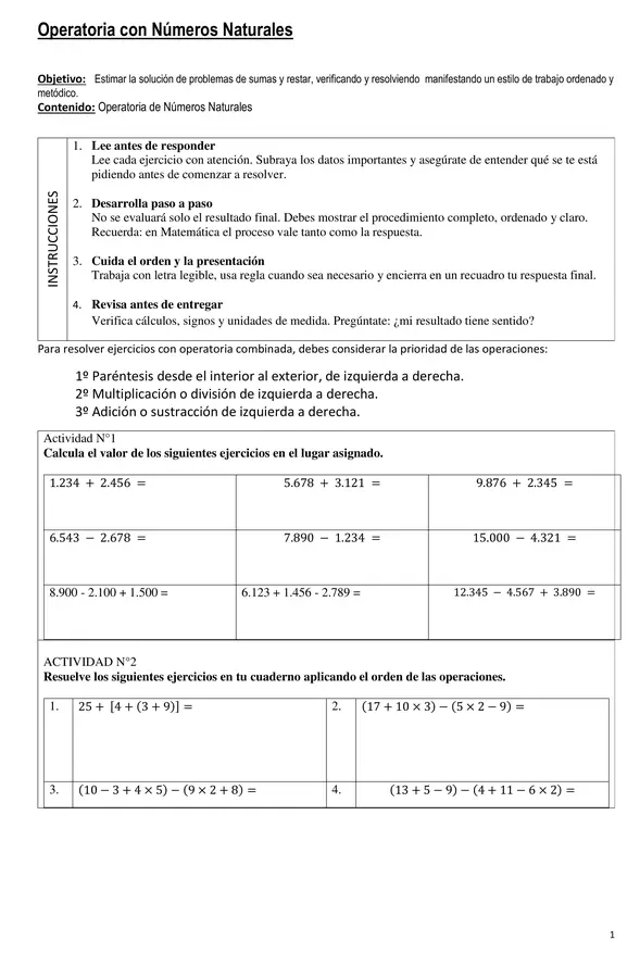 GUÍA DE OPERATORIA CON NÚMEROS NATURALES