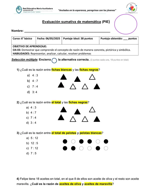 Prueba "RAZONES" matemática 6°