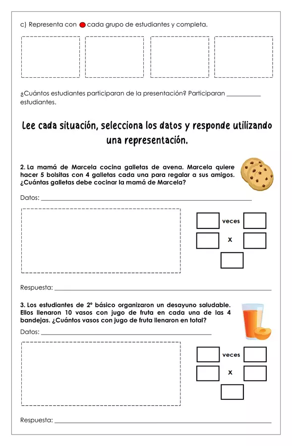 Guía de trabajo - Multiplicación resolución de problemas - 2° básico