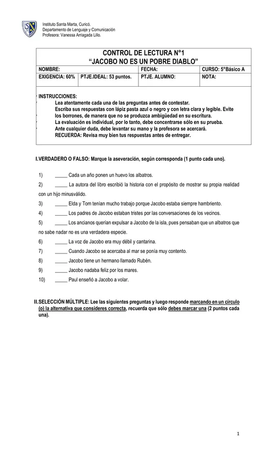 Control de lectura - Jacobo no es un pobre diablo.