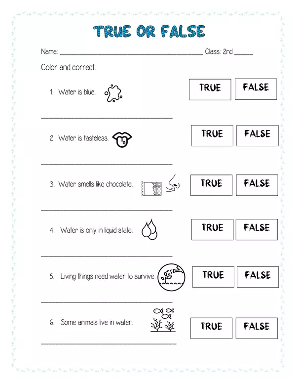 Worksheet Water True or False