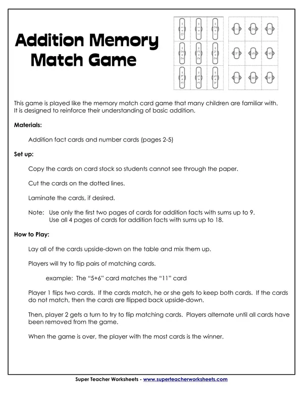 Basic addition memory match game