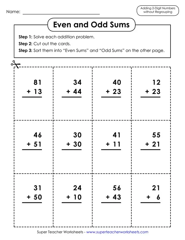 Even and odds addition worksheet (no regrouping) 
