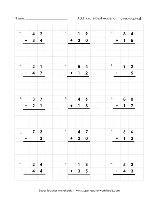 Addition of two digits addends with no regrouping exercises