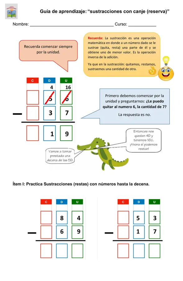 Guía Sustracciones (restas) con canje 