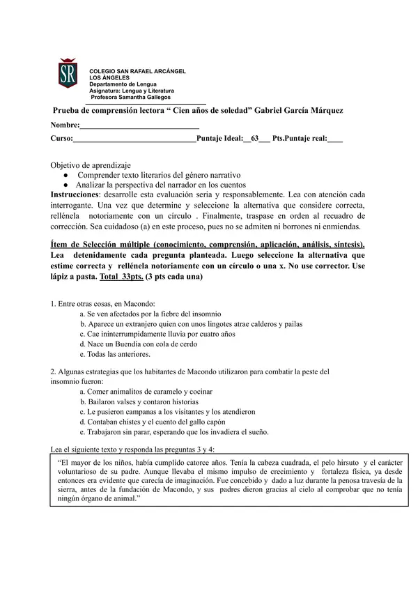 PRUEBA CUARTO MEDIO COMPRENSIÓN LECTORA 