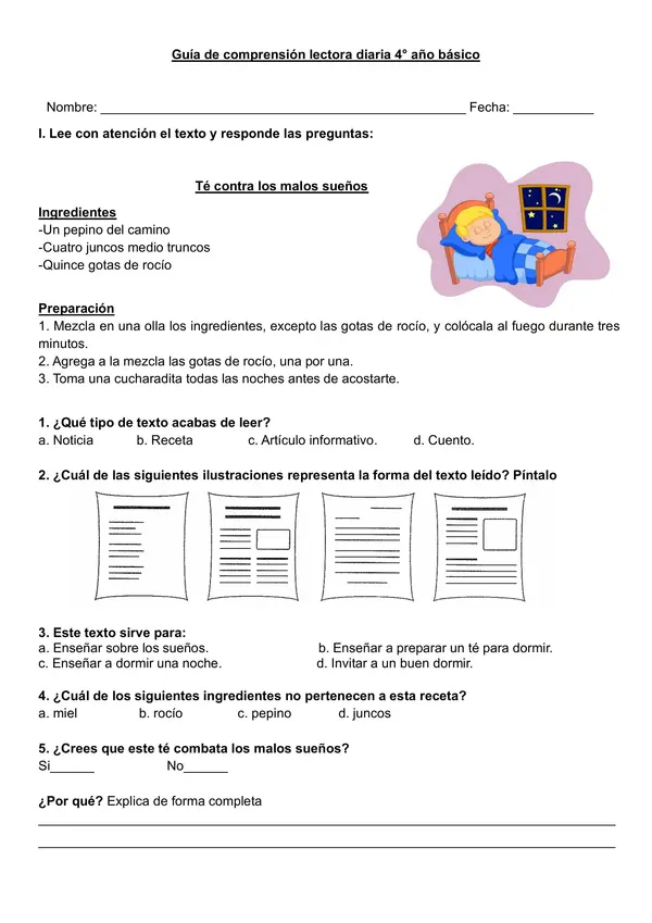 Guía comprensión lectora "La receta" 3°-4° año básico.