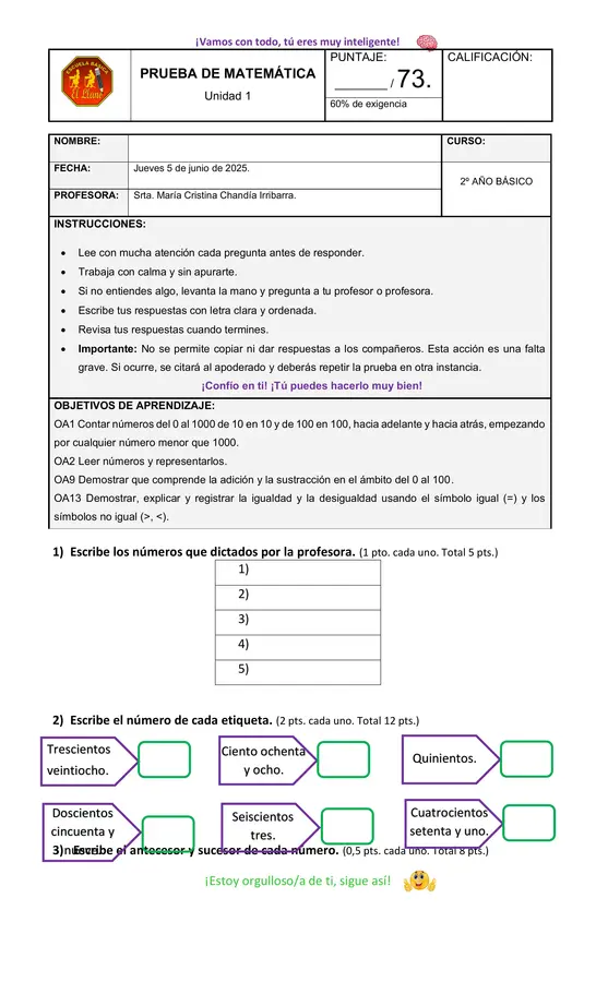 Prueba de matemática 2° básico Unidad 1