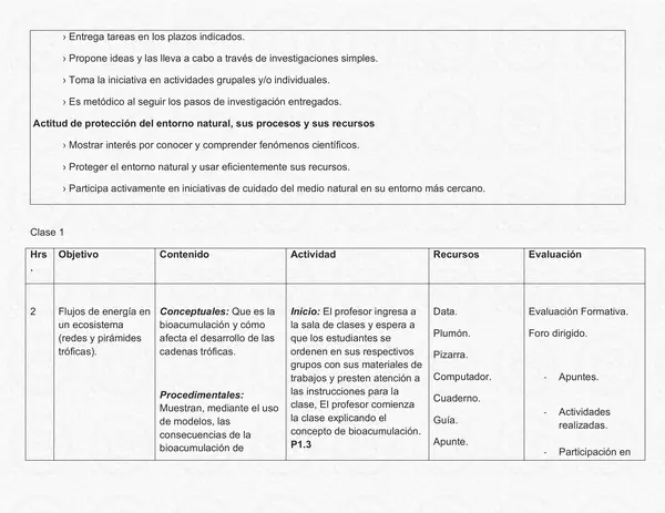 Planificación Clase a Clase Septiembre - Ciencias Naturales - Biología - 1° Medio