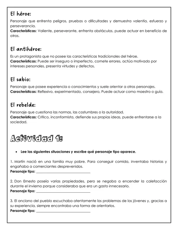 Lengua y literatura - Personaje tipo, símbolo y tópico literarios 1° medio
