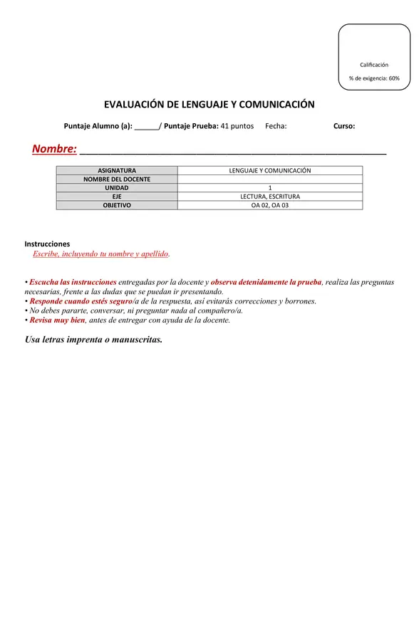 Evaluación Lenguaje y Comunicación.