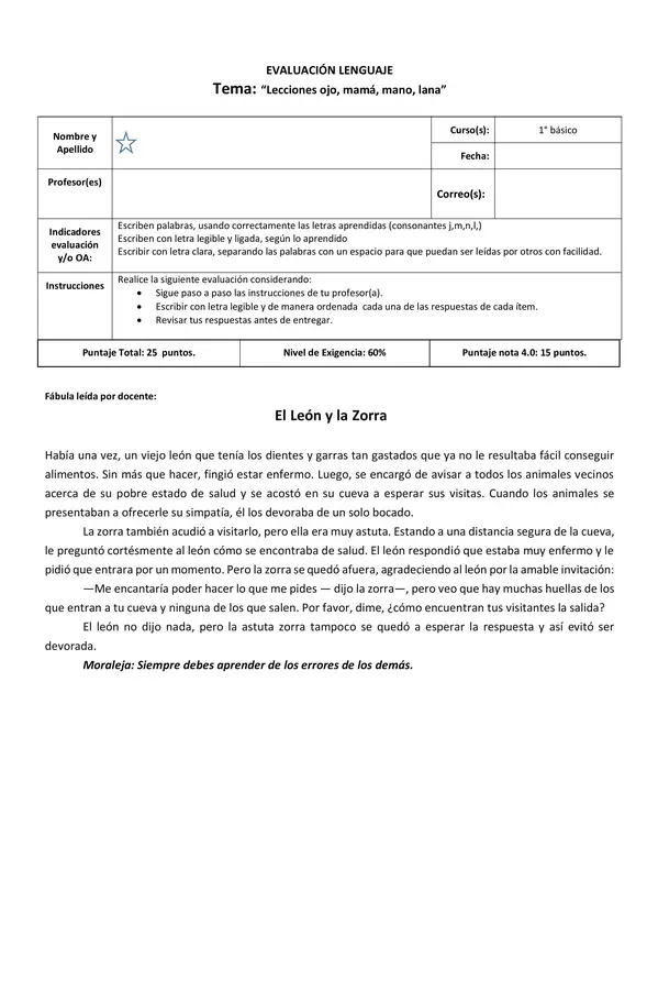 Evaluación Método Matte – Lecciones ojo, mamá, mano, lana (1° básico)