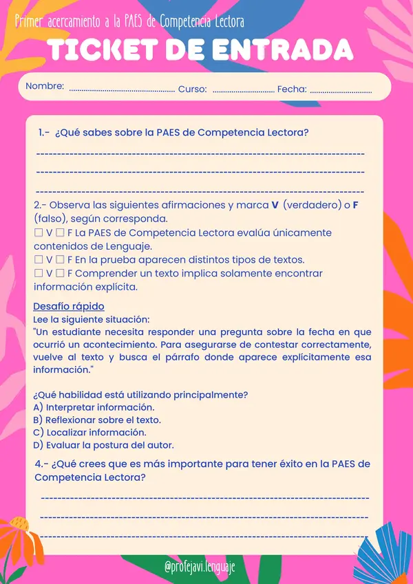 ticket de entrada y salida: ACERCAMIENTO A LA PAES COMPETENCIA LECTORA 