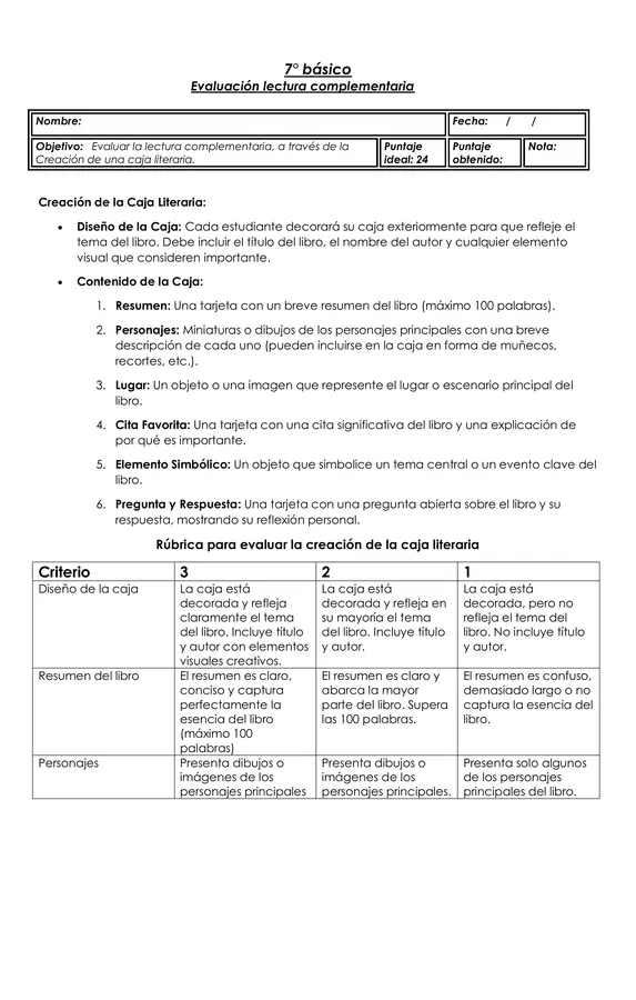 Caja literaria. Evaluación de lectura complementaria.