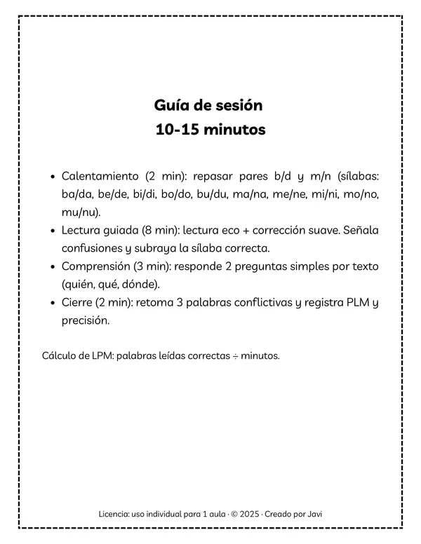 2° básico | Fluidez B/D–M/N | 10 mini-lecturas + juegos + registro (sesiones 10–15’)
