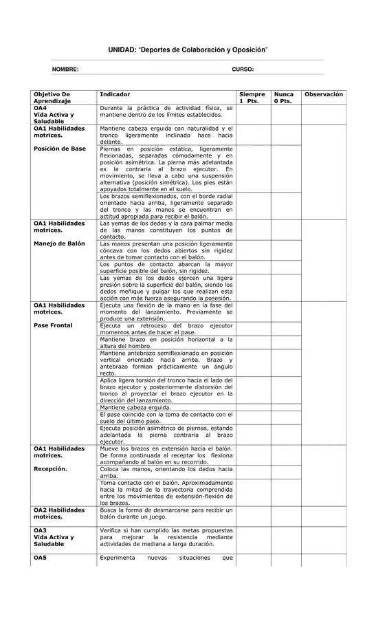 Evaluacion de Educacion Fisica 7 Basico N8: Deportes de Colaboracion y Oposicion
