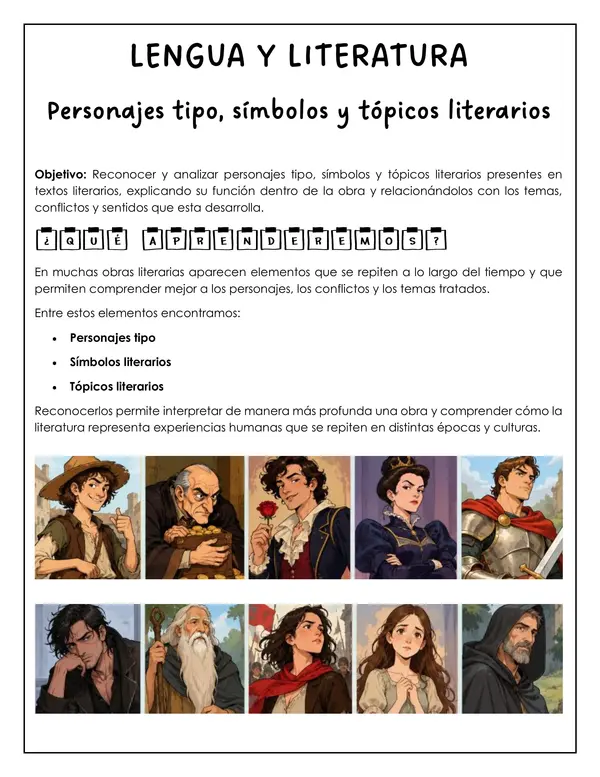 Lengua y literatura - Personaje tipo, símbolo y tópico literarios 1° medio