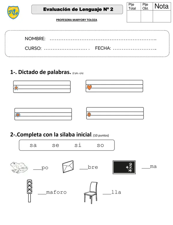 evaluacion lenguaje letras P- S