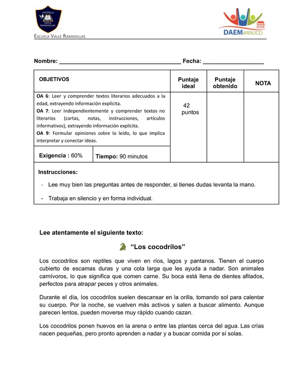 Evaluación comprensión lectora 2do básico