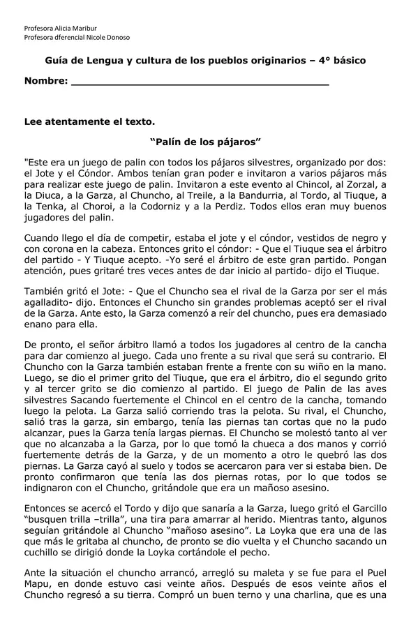 Guía 1  4° básico - Lengua y cultura de los pueblos originarios Mapudungün