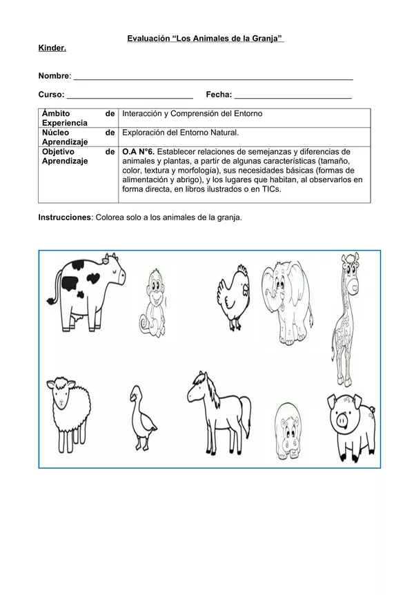 Evaluacion de los Animales de la Granja "Kinder"