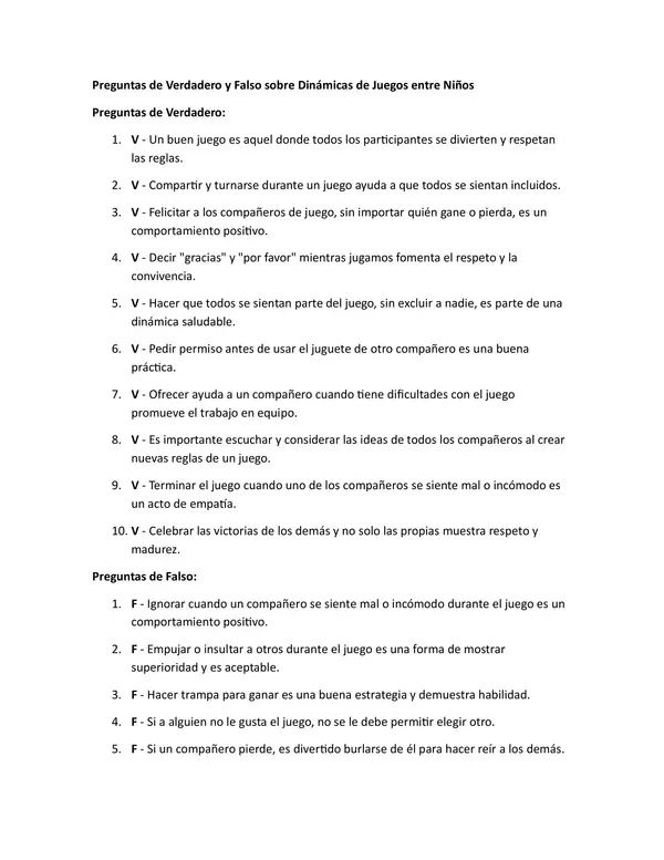 Preguntas de Verdadero y Falso sobre Dinámicas de Juegos entre Niños