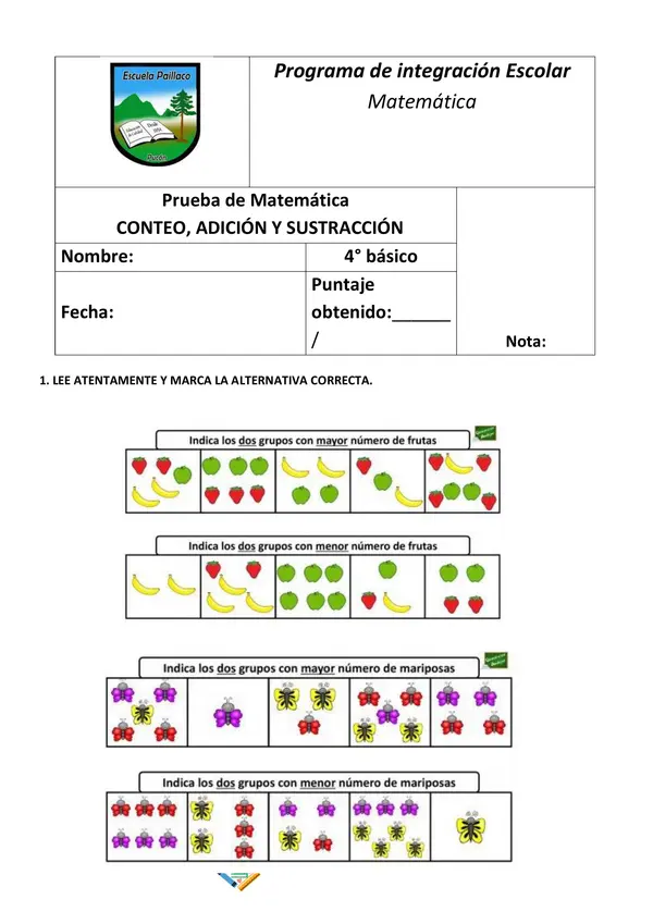 EVALUACIÓN ADICIÓN Y SUSTRACCIÓN 0 AL 20