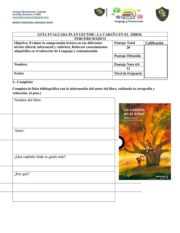 Evaluacion Planlector : La cabaña en el arbol