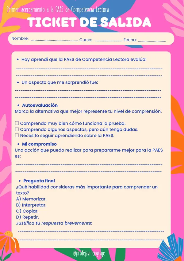 ticket de entrada y salida: ACERCAMIENTO A LA PAES COMPETENCIA LECTORA 