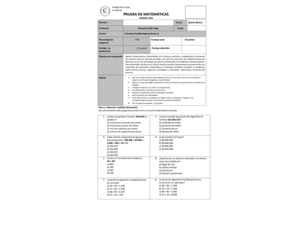 Evaluación MAEMATICAS UNIDAD 1 NUMEROS