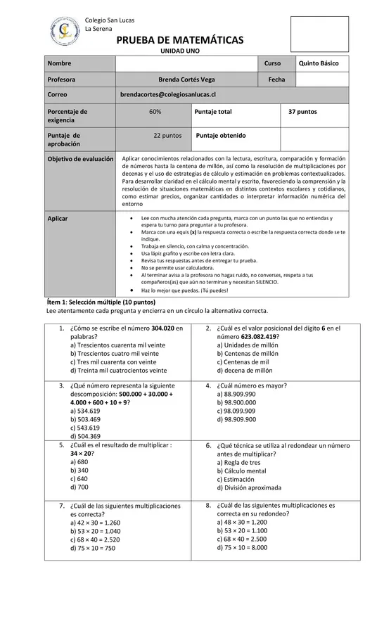 Evaluación MAEMATICAS UNIDAD 1 NUMEROS