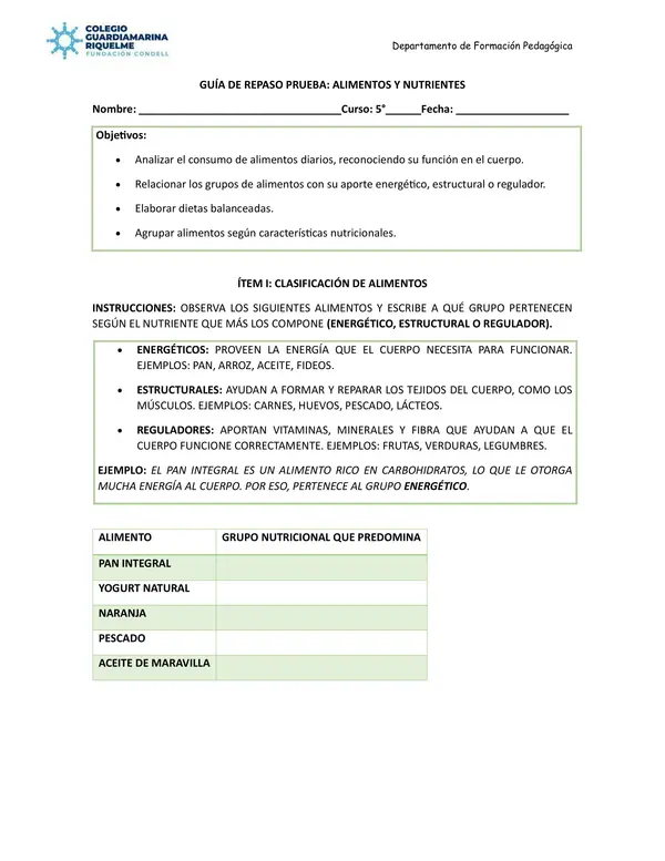 GUÍA DE REPASO PRUEBA: ALIMENTOS Y NUTRIENTES 