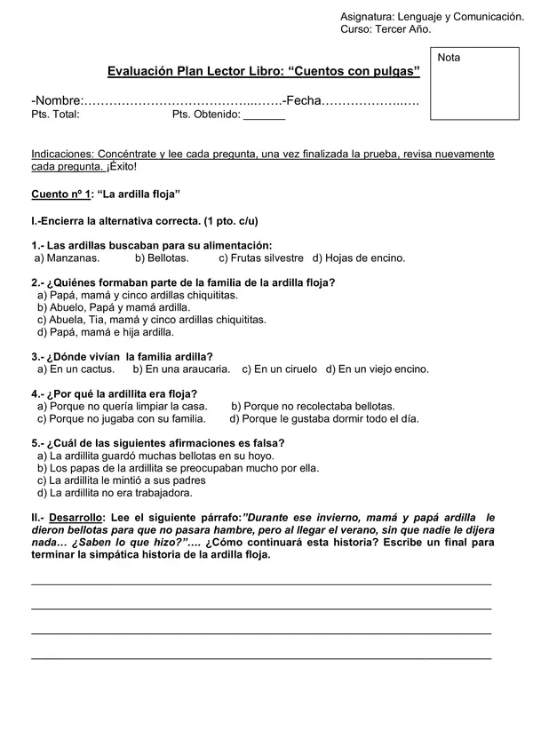 Evaluación libro "Cuentos con pulgas" de Saúl Schkolnik. 