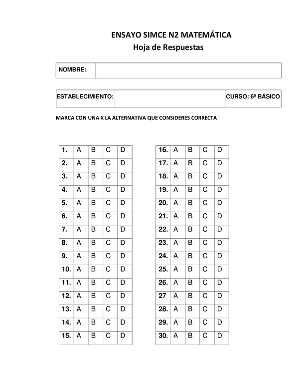 ENSAYO SIMCE 6° BÁSICO MATEMÁTICA
