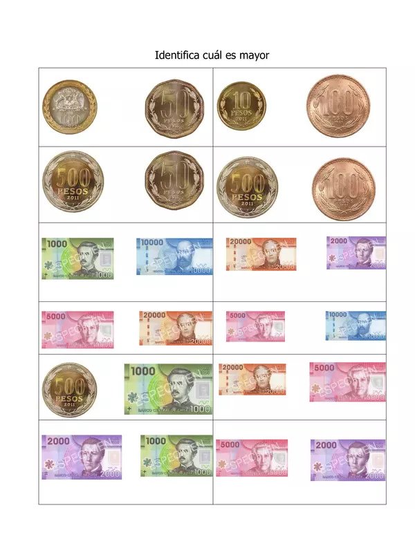 Cuadernillo: diferenciar cantidades mayores y menores de billetes y monedas.