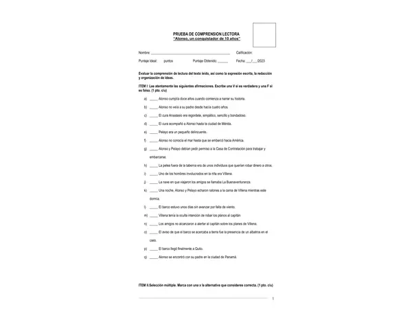  Evaluación comprensión Lectora" Alonso un conquistador de 10 años"