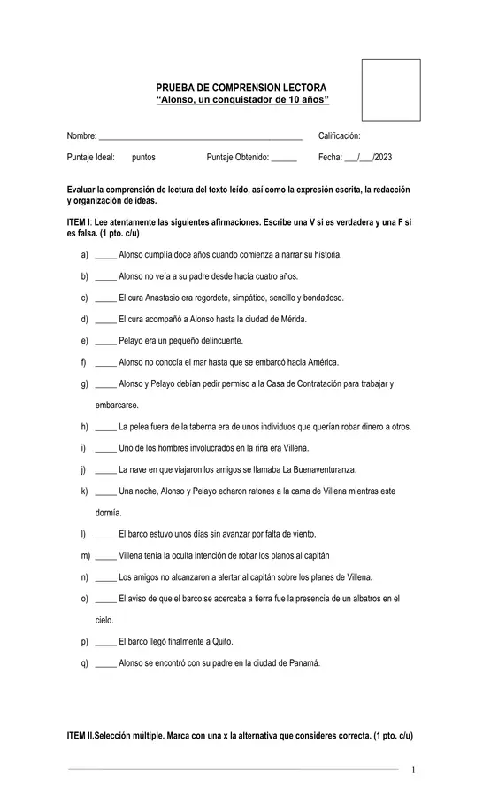  Evaluación comprensión Lectora" Alonso un conquistador de 10 años"