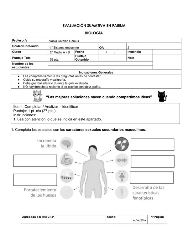 Evaluación Sumativa de Biología – 2° Medio - Unidad 1: Sistema Endocrino 