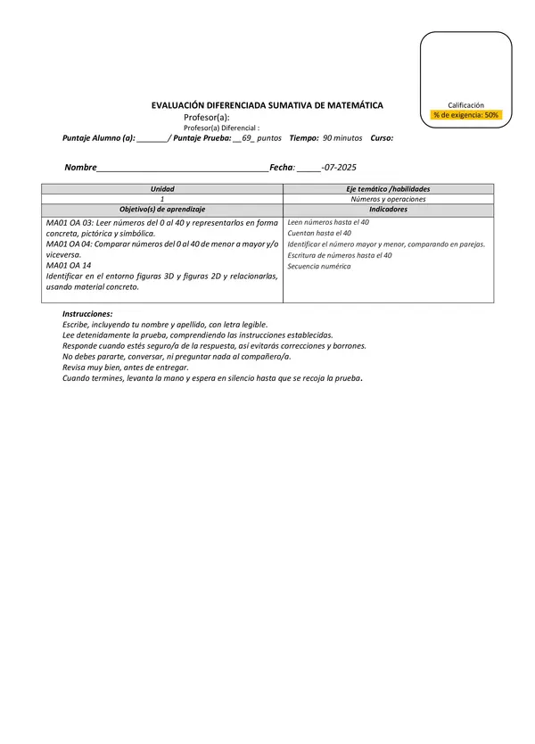 Evaluación diferenciada de matemáticas primero básico. 