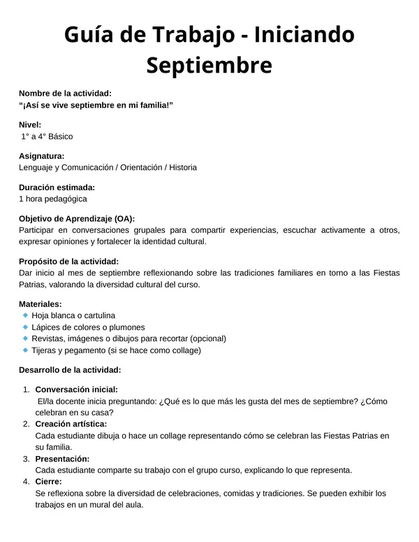 Planificación de guía de trabajo: ¡Así se vive septiembre en mi familia! 