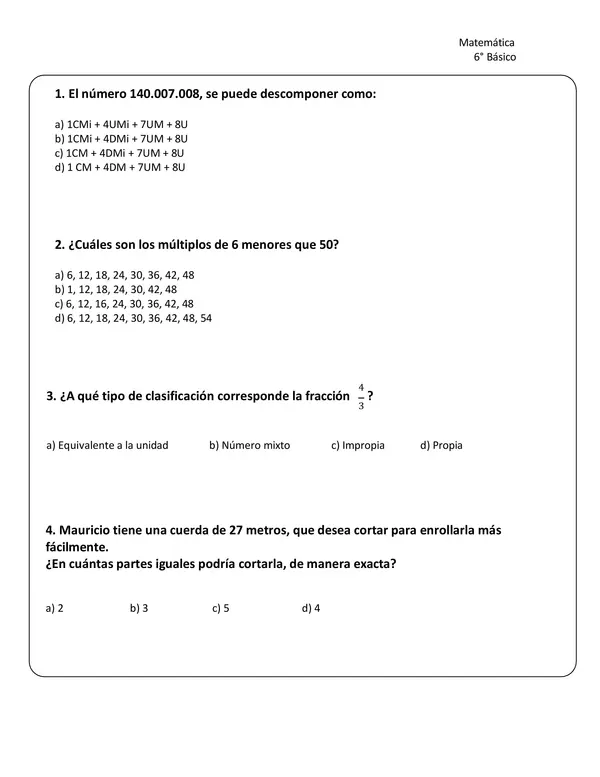 ENSAYO SIMCE 6° BÁSICO MATEMÁTICA