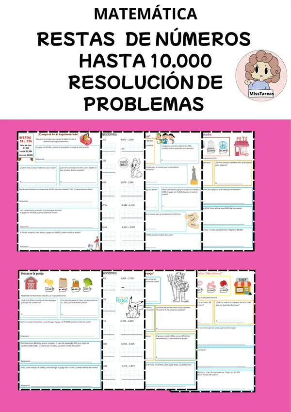 Restas y problemas matemáticos hasta 10.000