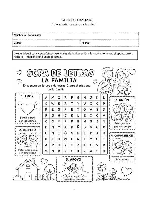 Sopa de letras características de una familia