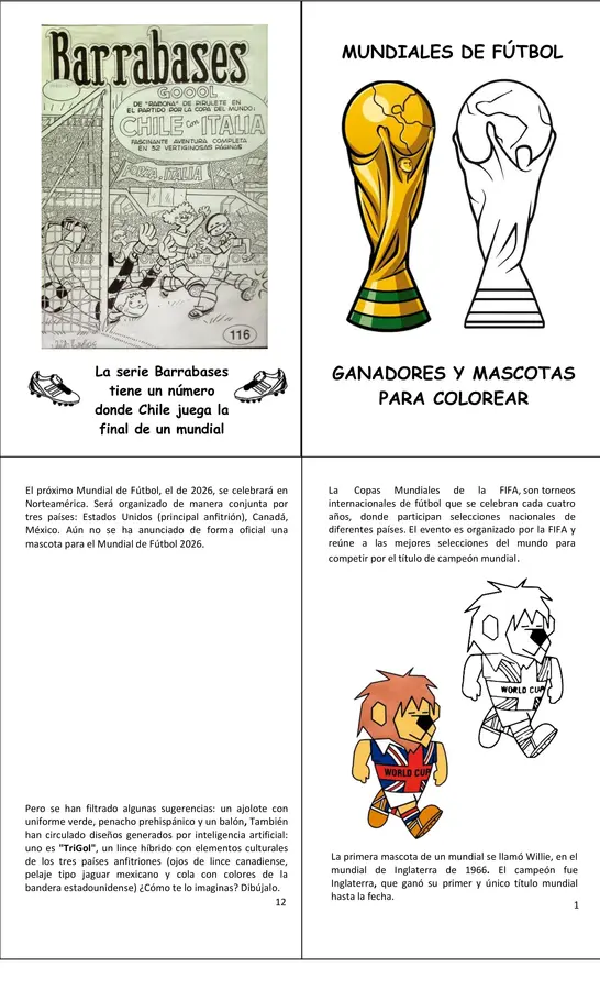 Libro para aprender y pintar sobre los Mundiales de Fútbol y sus mascotas"