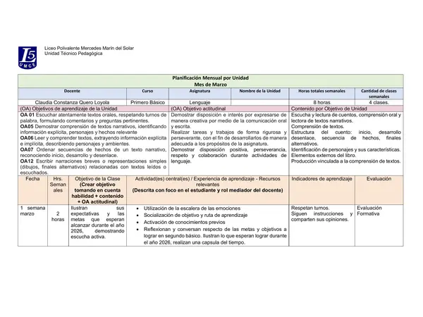Planificación Unidad 1 Lenguaje 2° Básico